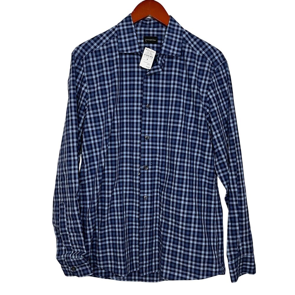Ermenegildo Zegna NWT Cotton Shirt Cadet Blue Check Lightweight Men's M